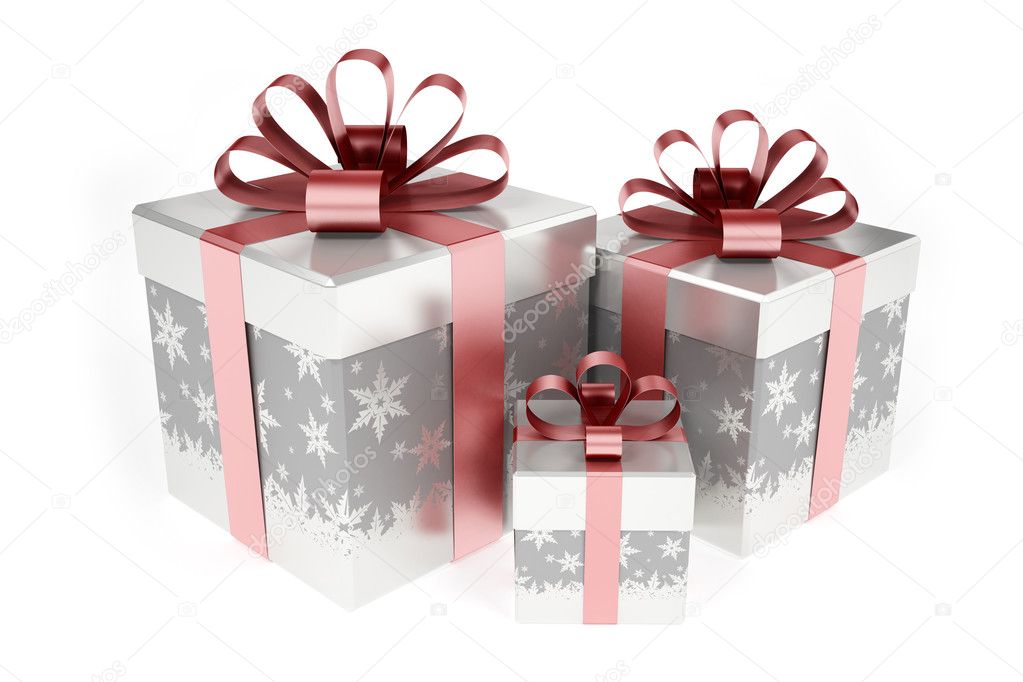 bright gift boxes with red ribbon