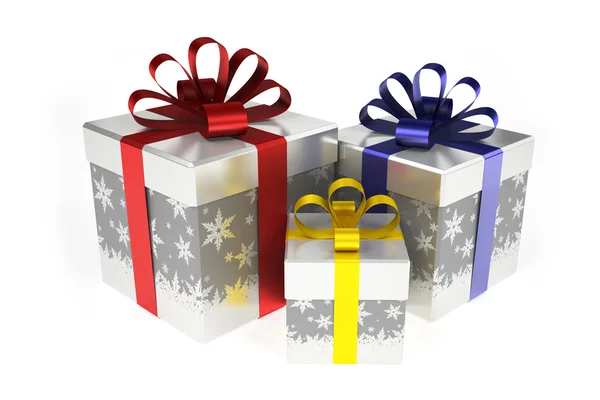 Gift box with snowflakes with colorful ribbons — Stock Photo, Image