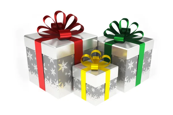 Caja de regalo con copos de nieve con cintas de colores —  Fotos de Stock