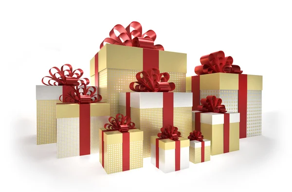 Oro - cajas de regalo de plata con cinta roja —  Fotos de Stock