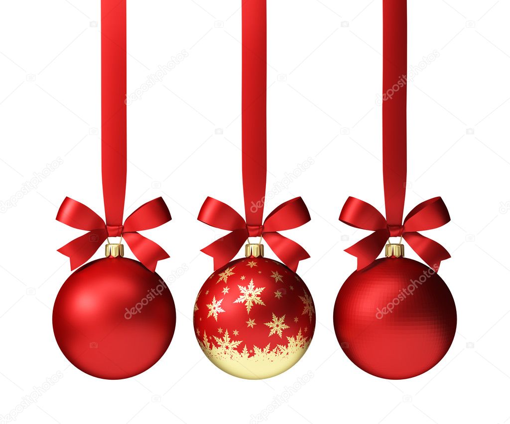 red christmas balls hanging on ribbon with bows, isolated on white