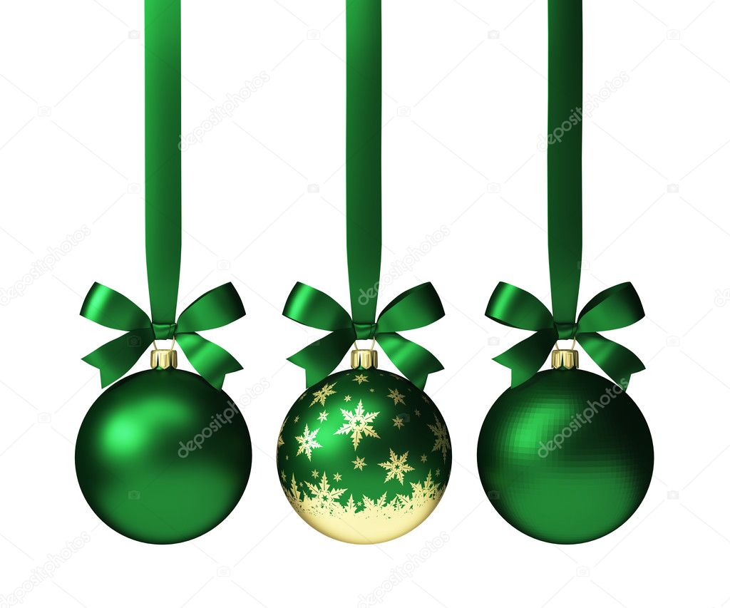 green christmas balls hanging on ribbon with bows, isolated on white