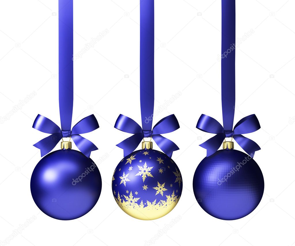 blue christmas balls hanging on ribbon with bows, isolated on white