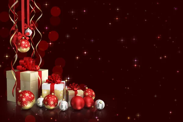 Christmas theme with glass balls and gift boxes and free space for text — Stock Photo, Image