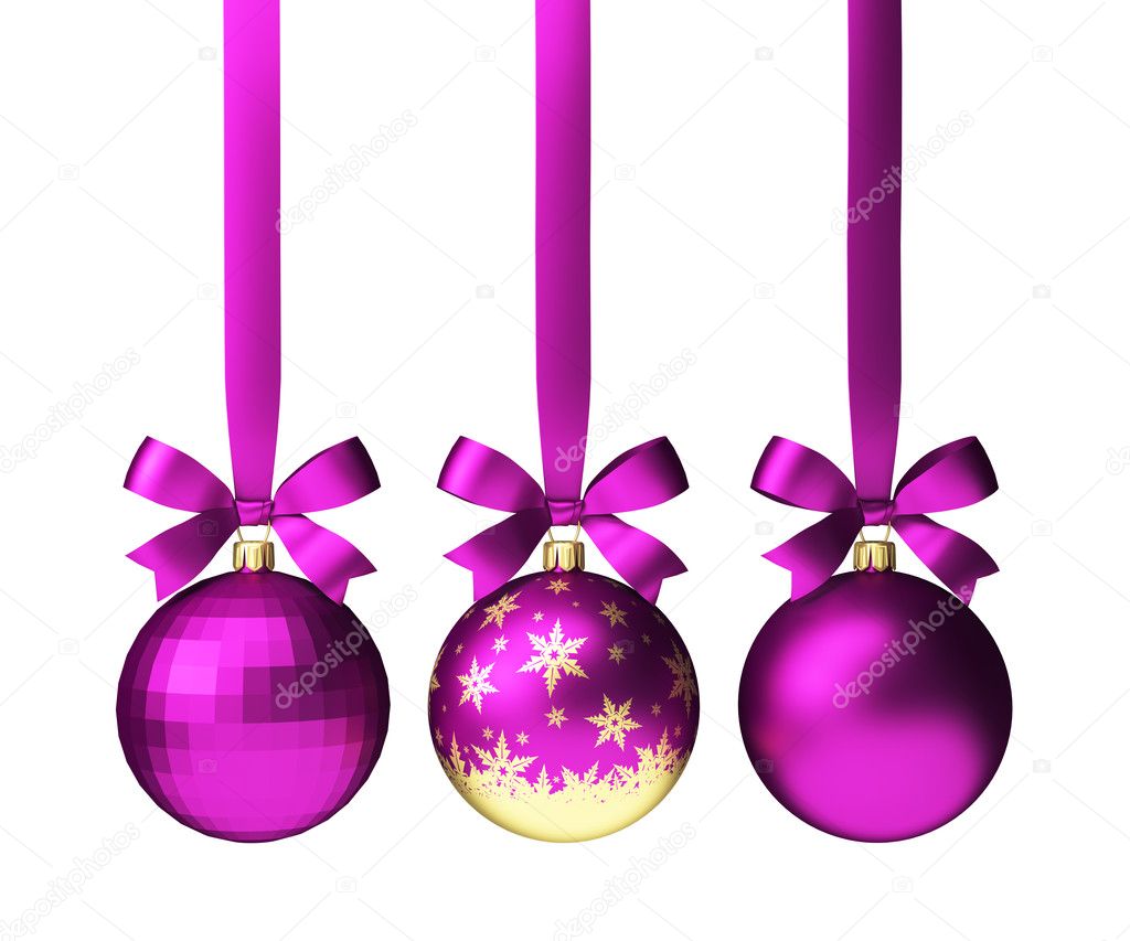 pink christmas balls hanging on ribbon with bows, isolated on white