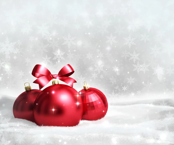 Karácsonyi és újévi üdvözlés kártya-val piros golyó a hó és a világűr, a szöveg — Stock Fotó