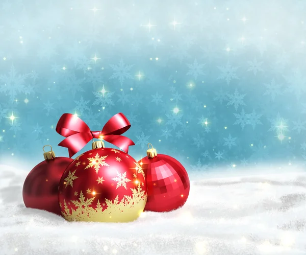 Karácsonyi és újévi üdvözlés kártya-val piros golyó a hó és a világűr, a szöveg — Stock Fotó