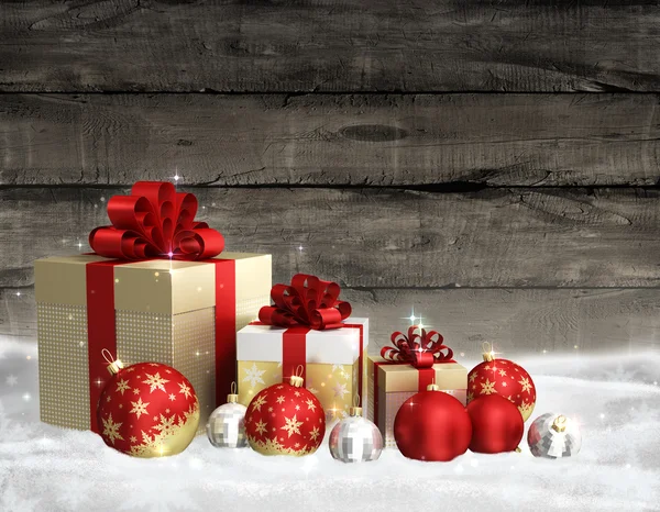 Karácsonyi téma üveggolyó és ajándék doboz falon fa háttér és a szöveg szabad hely — Stock Fotó