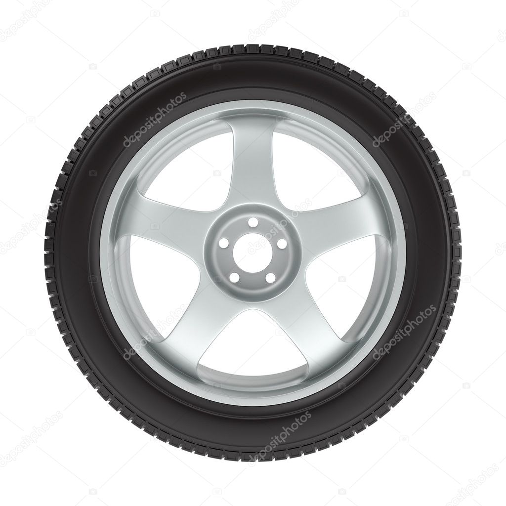the wheel with a new tire on a white background