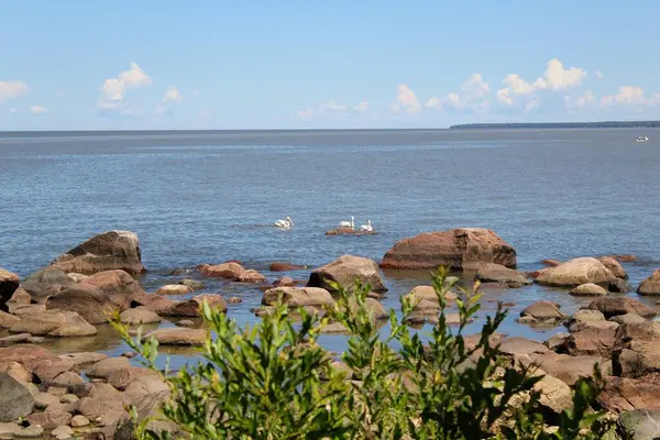 Een Panoramisch Uitzicht Een Rustig Meer Met Een Horizon Rotsachtige — Stockfoto