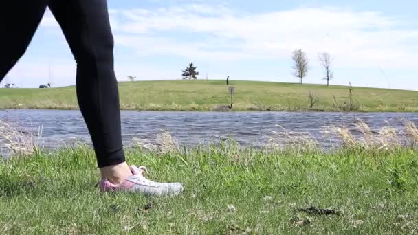 Крупним Планом Жіночі Ноги Чорних Легінсах Рожевих Кросівок Бігають Траві — стокове відео