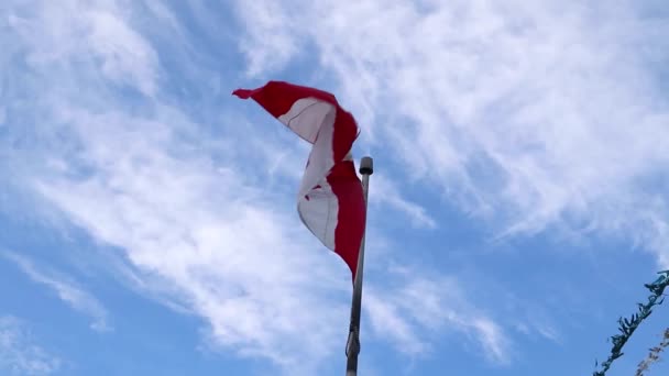 Slow Motion Close Flag Canada Waving Flagpole Wind Blue Sky — Stock Video