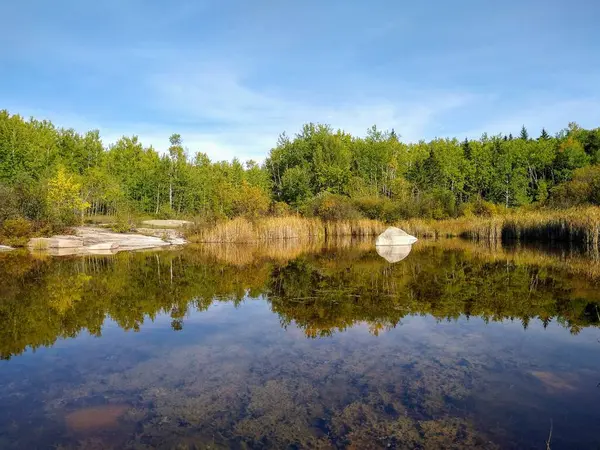 Pinawa Dam Panoramisch Uitzicht Rivier Stenen Oever Het Bos — Stockfoto