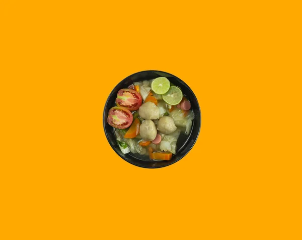 Meatball Soup Served Black Bowl Orange Background — Stock Photo, Image