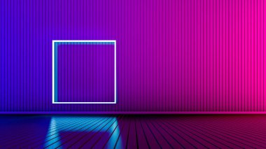 Parlak çizgileri olan boş bir oda. Işıldayan çizgilerle iç plan. Neon ışıkları. 3d oluşturma