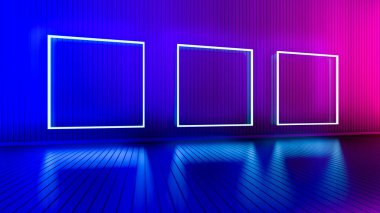Parlak çizgileri olan boş bir oda. Işıldayan çizgilerle iç plan. Neon ışıkları. 3d oluşturma