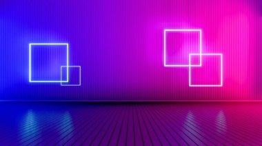 Parlak çizgileri olan boş bir oda. Işıldayan çizgilerle iç plan. Neon ışıkları. 3d oluşturma