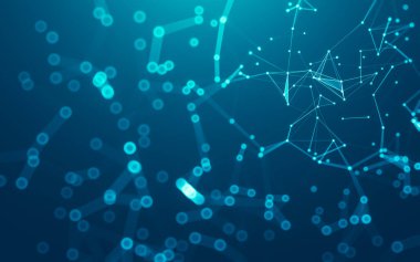 Soyut arkaplan. Çokgen şekilli molekül teknolojisi, noktaları ve çizgileri birleştiriyor. Bağlantı yapısı. Büyük veri görselleştirmesi.