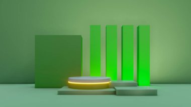 Geometrik şekilli ve basamaklı asgari soyut sergi arkaplanı. Mevcut ürün tasarımı için en düşük arkaplan. Ürün podyum sahnesi. 3B görüntüleme