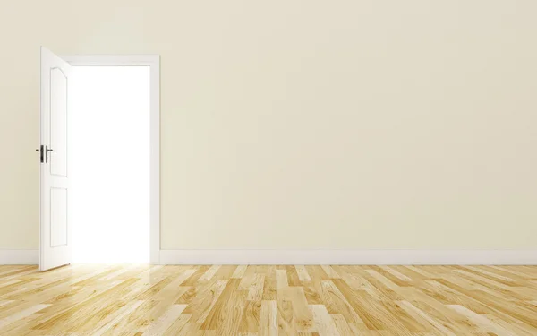 Aperto porta bianca su parete marrone, pavimento in legno — Foto Stock