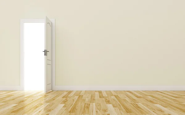 Puerta blanca abierta en la pared marrón, piso de madera —  Fotos de Stock