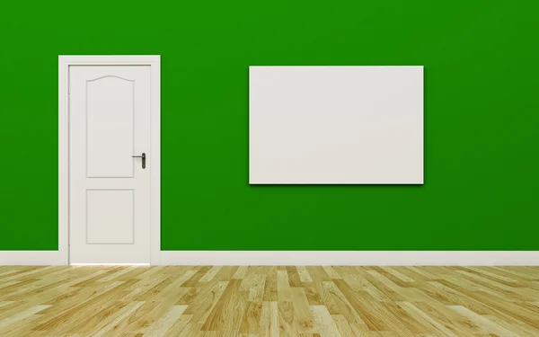 Puerta blanca cerrada en la pared verde, Un póster en blanco, Suelo de madera —  Fotos de Stock