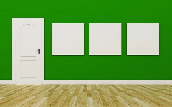 Porte blanche fermée sur le mur vert, trois affiches vierges, Floo en bois — Photo