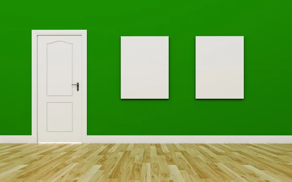 Puerta blanca cerrada en la pared verde, dos póster en blanco, Suelo de madera —  Fotos de Stock