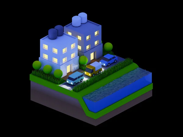 Isometrische Stadtgebäude, Landschaft, Straße und Fluss, Nachtaufnahme — Stockfoto