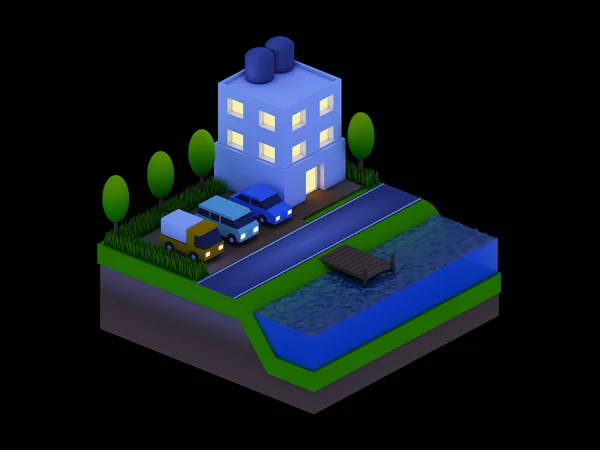 Isometric city buildings, landscape, Road and river, night scen — Stock Photo, Image