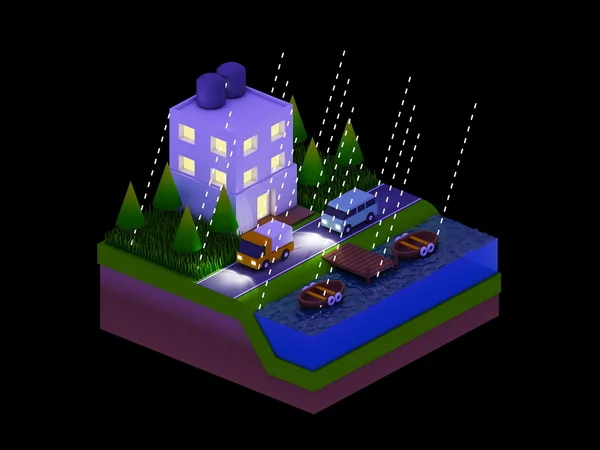 Isometrische Stadtgebäude, Landschaft, Straße und Fluss, Nachtaufnahme — Stockfoto