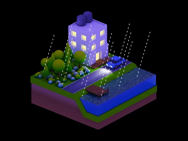 Edificios isométricos de la ciudad, paisaje, carretera y río, escena nocturna —  Fotos de Stock