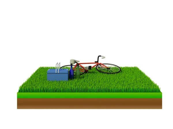 Isometric red bicycle on green grass — Stock Photo, Image