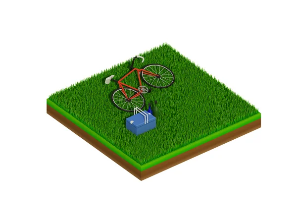 Isometric red bicycle on green grass — Stock Photo, Image