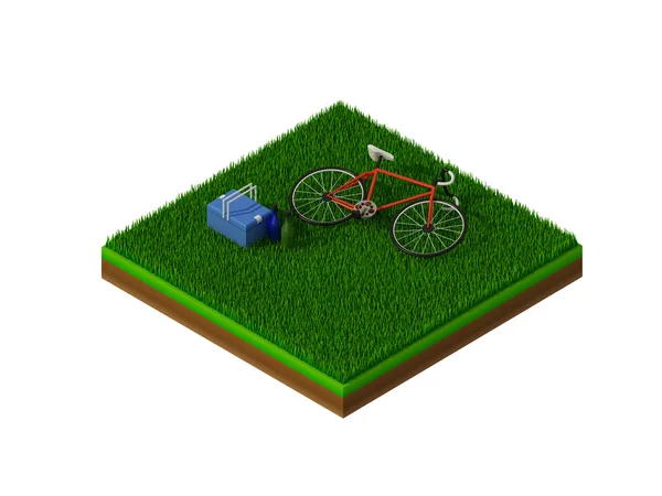 Bicicletta isometrica rossa su erba verde — Foto Stock