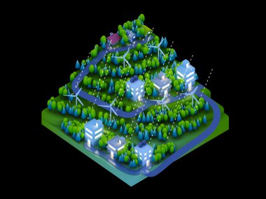  izometrik şehir binaları, peyzaj, yol ve nehir, gece sahneleri