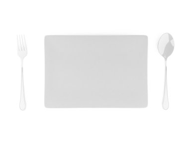 çatal ve kaşık beyaz arka plan üzerinde beyaz plaka ile