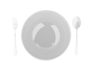 çatal ve kaşık beyaz arka plan üzerinde beyaz plaka ile