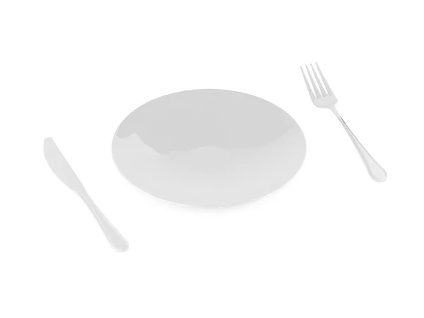 Fork and spoon with white plate on white background — Stock Photo, Image