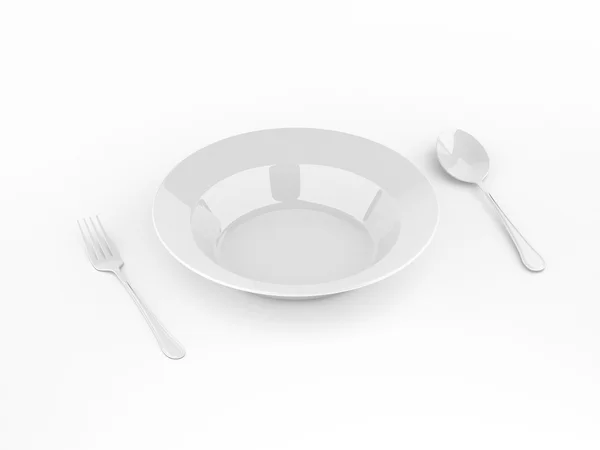 Fork and spoon with white plate on white background — Stock Photo, Image