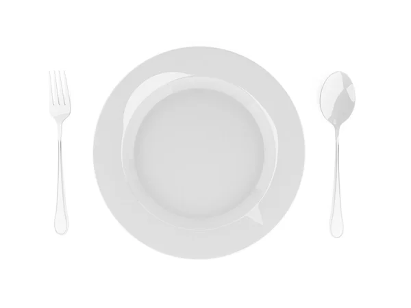白い背景の白い皿とスプーンとフォーク — ストック写真