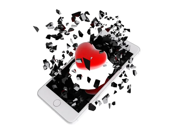 Corazón rojo estalló fuera del teléfono inteligente . — Foto de Stock