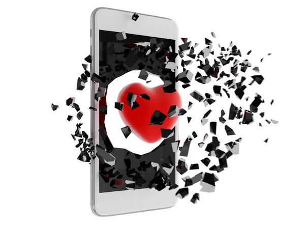 Czerwone serce pękł z smartphone. — Zdjęcie stockowe