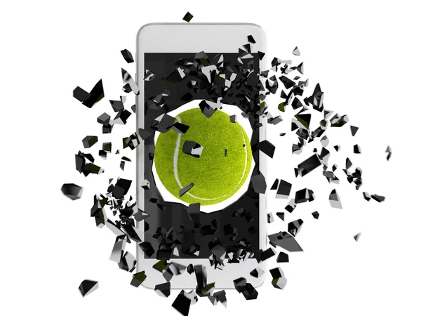Tennisball sprakk ut av smarttelefonen – stockfoto