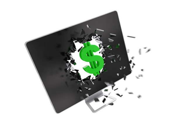 Panneau dollar vert détruire écran d'ordinateur . — Photo
