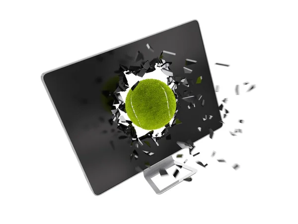Bola de tênis destruir tela do computador . — Fotografia de Stock