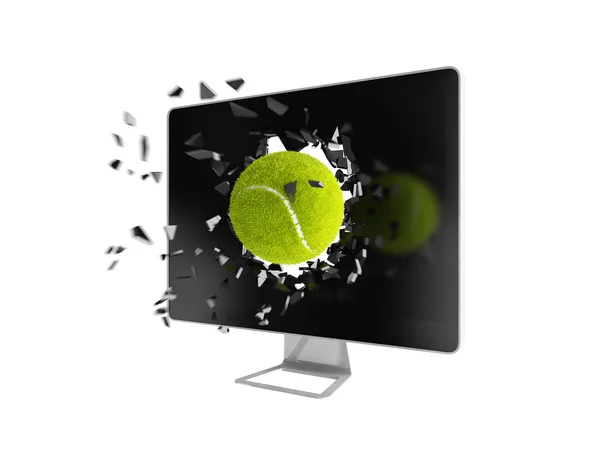 Palla da tennis distruggere schermo del computer . — Foto Stock