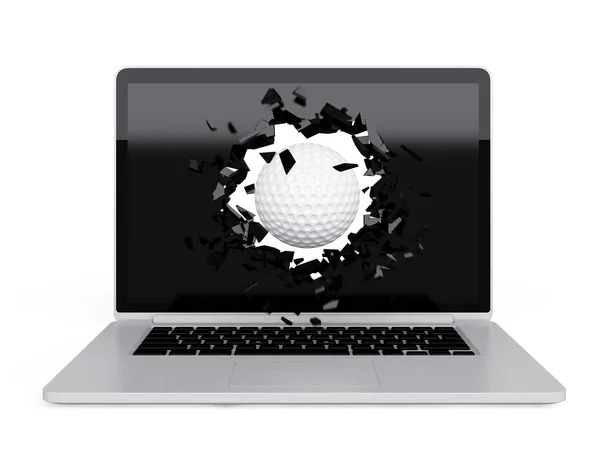 Гольф мяч уничтожить ноутбук — стоковое фото