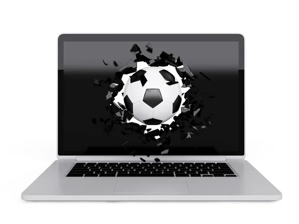 Piłka nożna zniszczyć laptopa — Zdjęcie stockowe