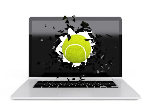 Tennisbal vernietigen laptop — Stockfoto